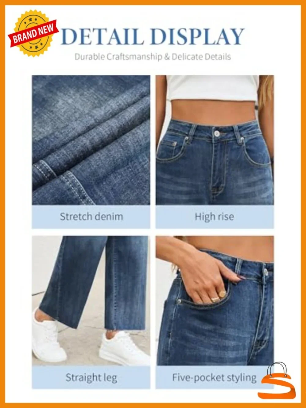 High Rise Straight Leg Cropped Jeans Raw Hem Stretchy Tummy Control Denim